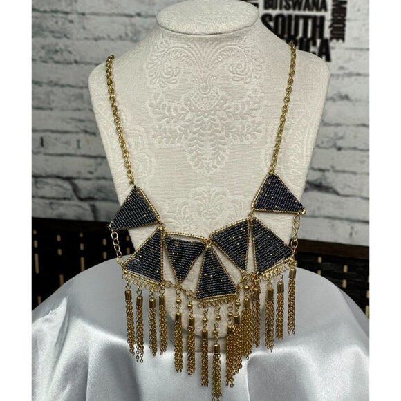 Carol Dauplaise Gold-Tone Navy Triangle Seed Beaded Tassel Statement Necklace - Picture 2 of 5